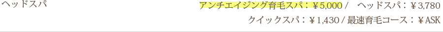 ヘッドスパ　アンチエイジング育毛スパ5000円、ヘッドスパ3780円、クイックスパ1430円、最速育毛コースはお問合せ下さい