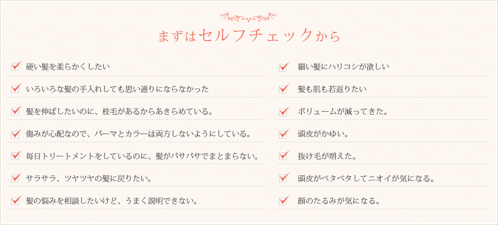 硬い髪を柔らかくしたい、細い髪にハリコシが欲しい、いろいろな髪の手入れしても思い通りにならなかった、髪も肌も若返りたい